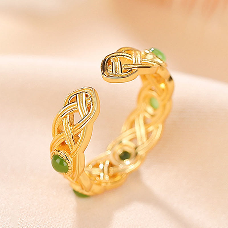 Nimara Ritual 925 Sterling Silver Plated Gold Cyan Jade Braided Design Success Luck Adjustable Ring