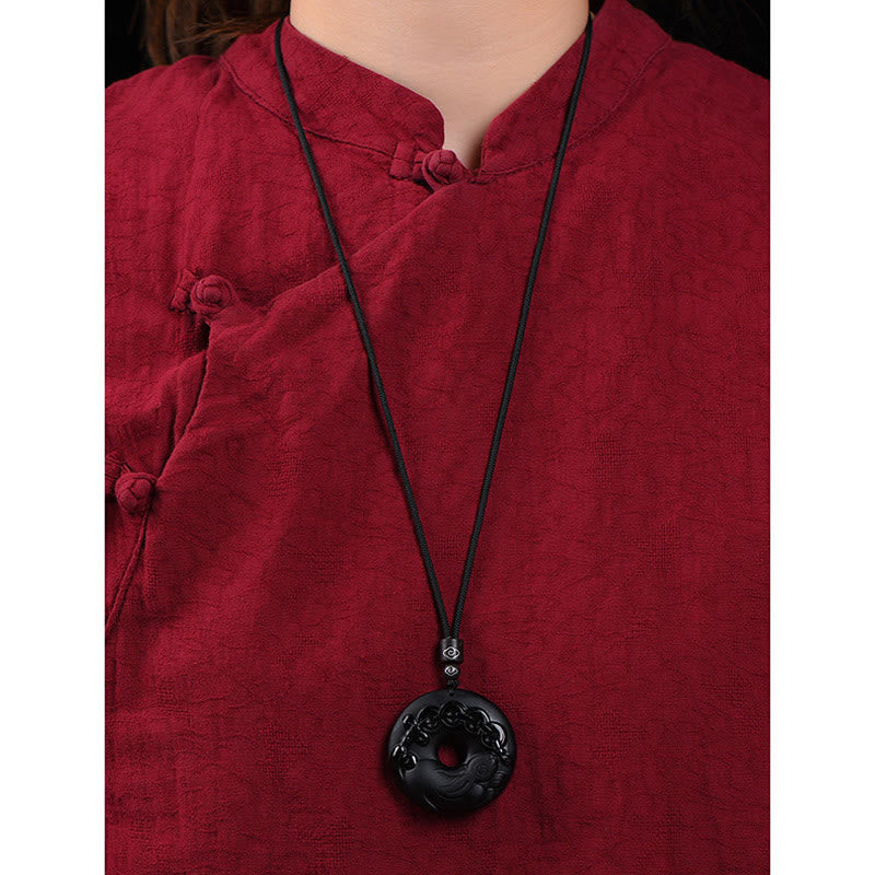 Nimara Ritual Chinese Zodiac Natural Black Obsidian Peace Buckle Strength Necklace Pendant