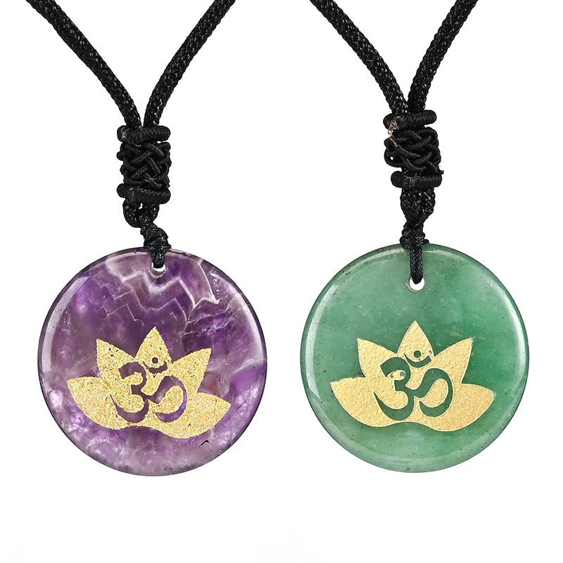 Nimara Ritual OM Lotus Symbol Various Crystal Amethyst Tiger Eye Healing Necklace Pendant
