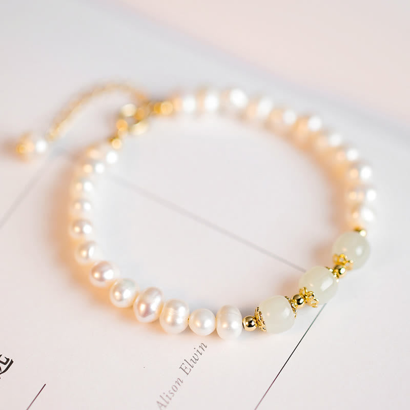 Nimara Ritual 14K Gold Plated Natural Pearl Hetian Cyan Jade White Jade Sincerity Bead Chain Bracelet