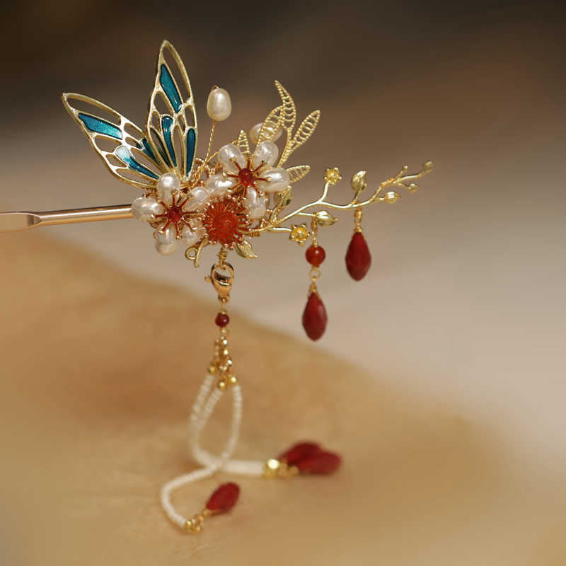 Nimara Ritual Classical Chinese Style Flower Branche Butterfly Pearl Tassel Hair Clip Hair Comb Hair Crown
