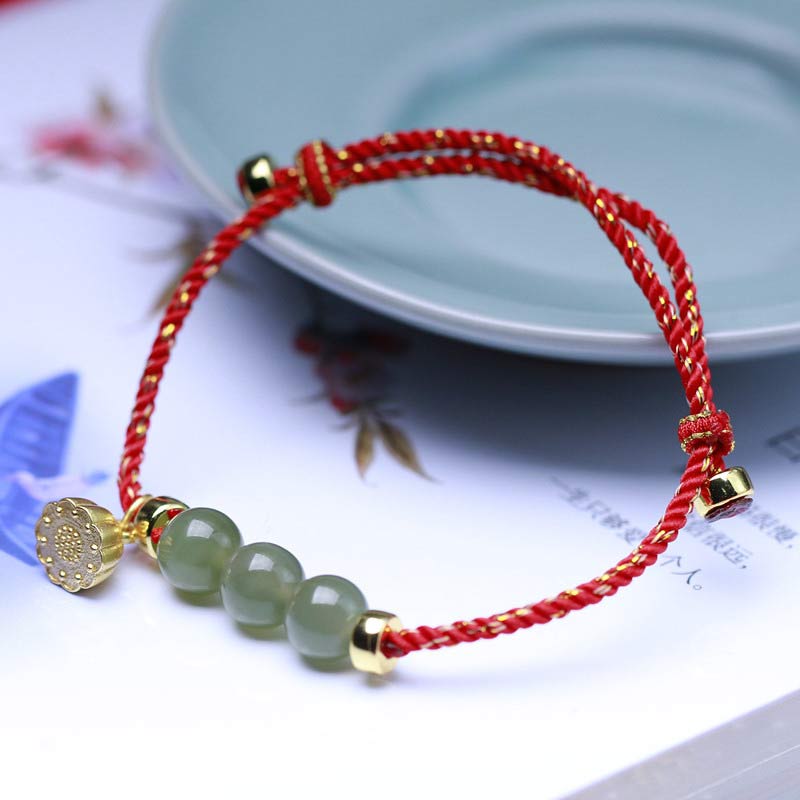 Nimara Ritual Natural Jade Lotus Seed Strength Red String Weave Bracelet