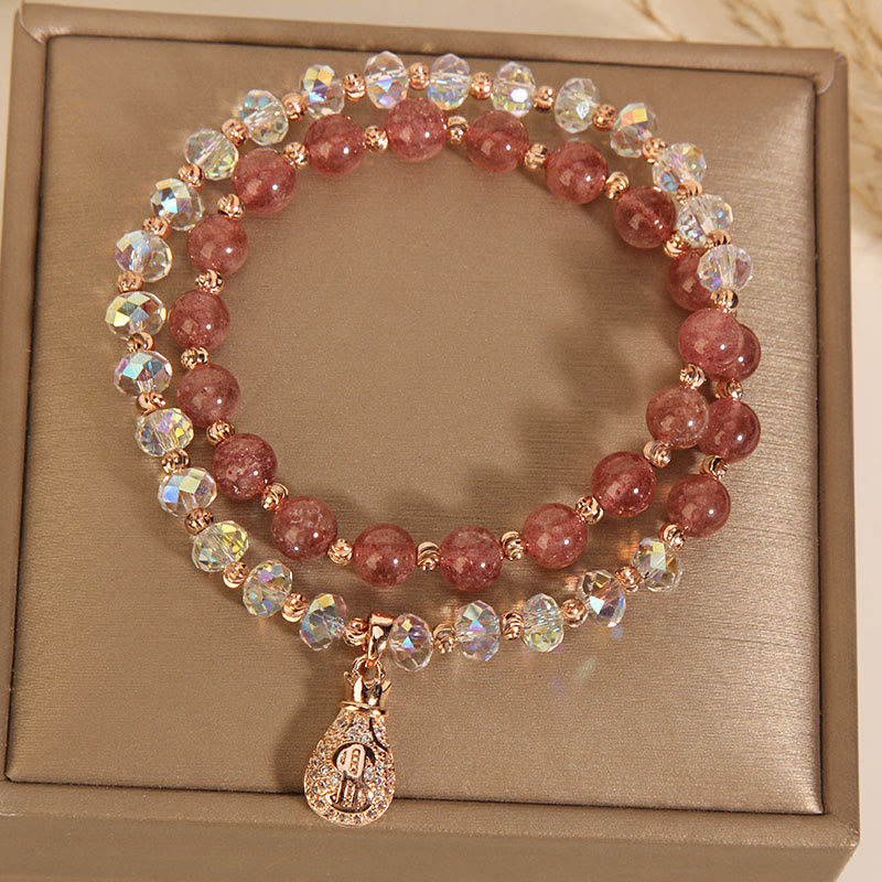 Nimara Ritual Strawberry Quartz White Crystal Money Bag Charm Positive Bracelet