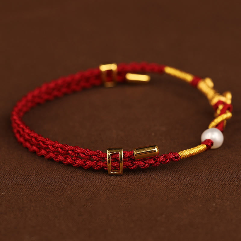 Nimara Ritual 24K Gold Wish Ruyi Handle Fu Character Rabbit Pearl Luck Braided Bracelet