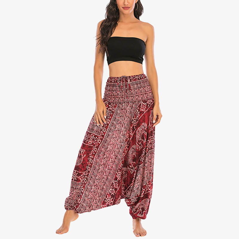 Nimara Ritual Two Style Wear Elephant Pattern Loose Smocked Harem Trousers Jumpsuit Women's Yoga Pants