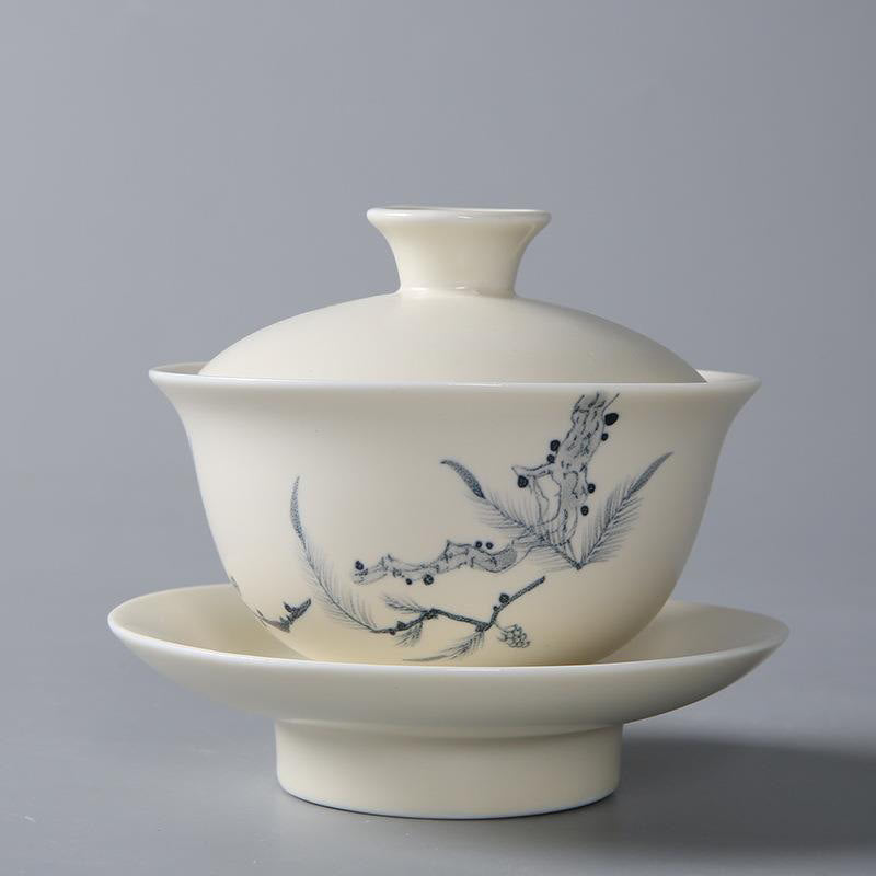 Nimara Ritual Hand Painted Pomegranate Hibiscus Pine Lotus Ceramic Gaiwan Sancai Teacup Kung Fu Tea Cup And Saucer With Lid