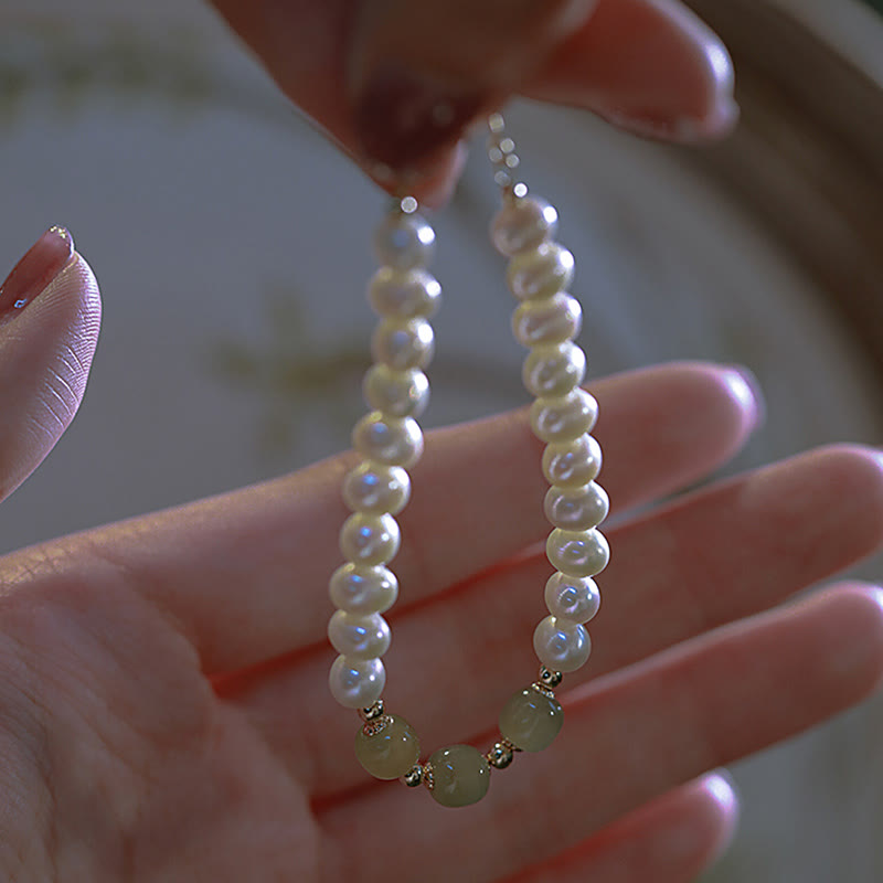 Nimara Ritual 14K Gold Plated Natural Pearl Hetian Cyan Jade White Jade Sincerity Bead Chain Bracelet