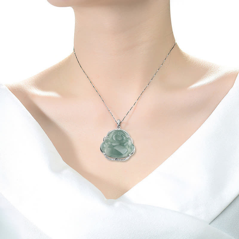 Nimara Ritual Laughing Buddha Natural Jade Luck Necklace Titanium Steel Chain Pendant