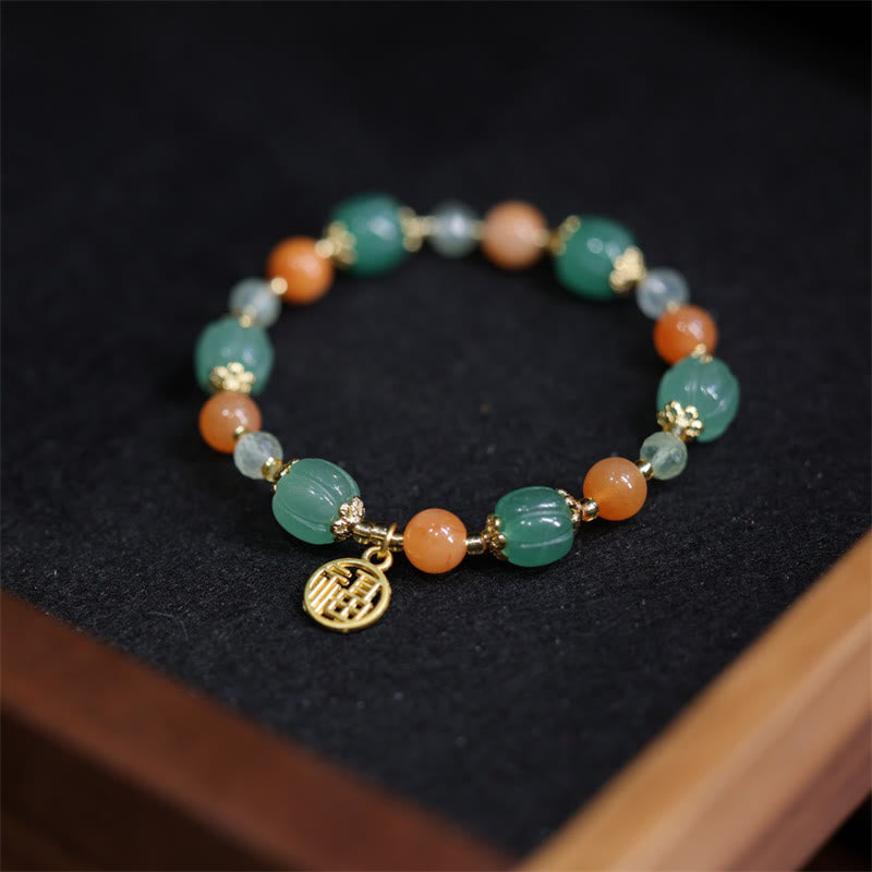 Nimara Ritual Natural Golden Silk Jade Pumpkin Bead Fu Character Charm Wealth Bracelet