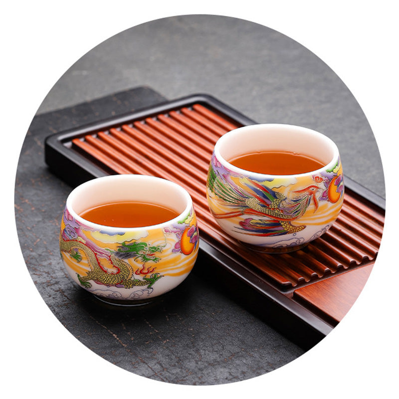 Nimara Ritual Dragon Phoenix Auspicious Clouds Sun Ocean Waves Ceramic Teacup Kung Fu Tea Cup