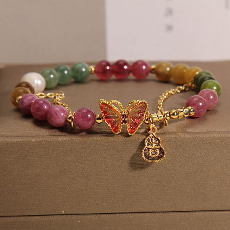 Nimara Ritual Natural Colorful Tourmaline Butterfly Auspicious Character Gourd Charm Positive Bracelet