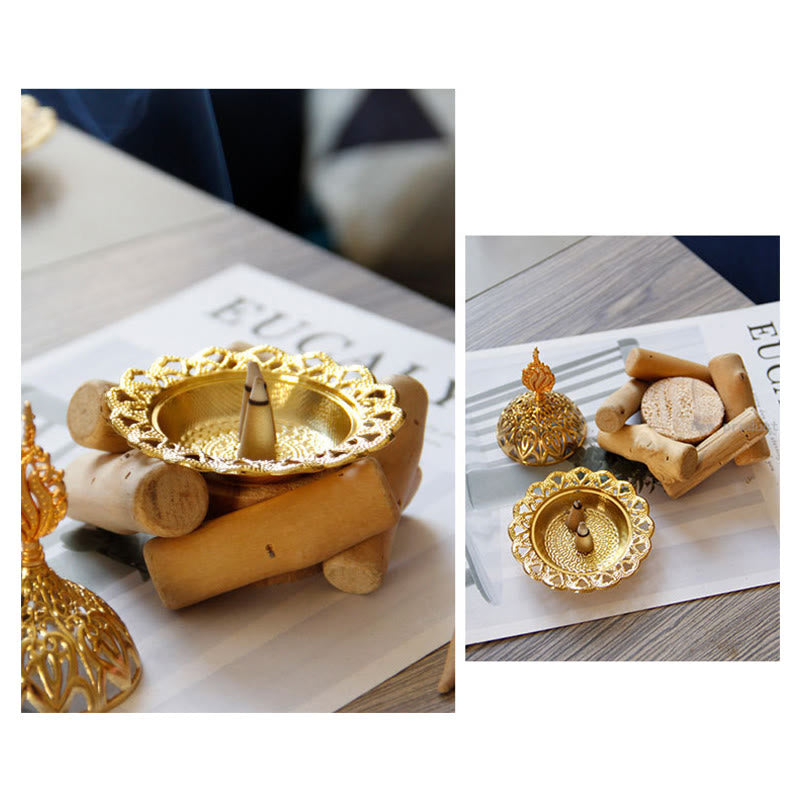 Nimara Ritual Gold Alloy Healing Mini Incense Burner With Wooden Coaster Home Decor