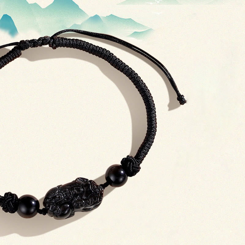 Nimara Ritual Handmade Natural Silver Sheen Obsidian Strawberry Quartz PiXiu Protection Braided Bracelet