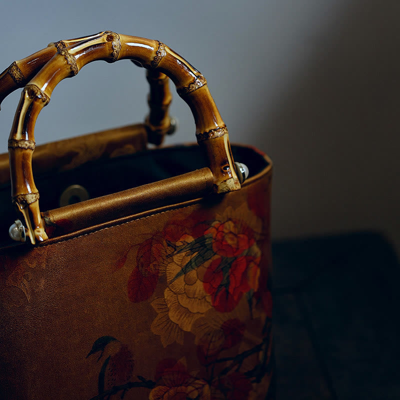Nimara Ritual Yellow Bird Branches Green Peony Flower Bamboo Handles Handbag