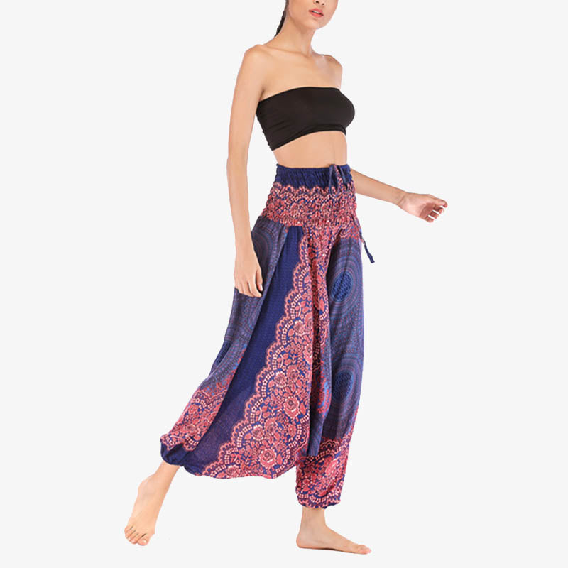 Nimara Ritual Two Style Wear Round Geometric Pattern Loose Smocked Harem Trousers Jumpsuit High Waist Women's Yoga Pants