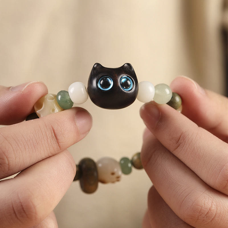 Nimara Ritual Bodhi Seed Green Sandalwood Ebony Wood Small Leaf Red Sandalwood Cat Head Paw Claw Peace Bracelet