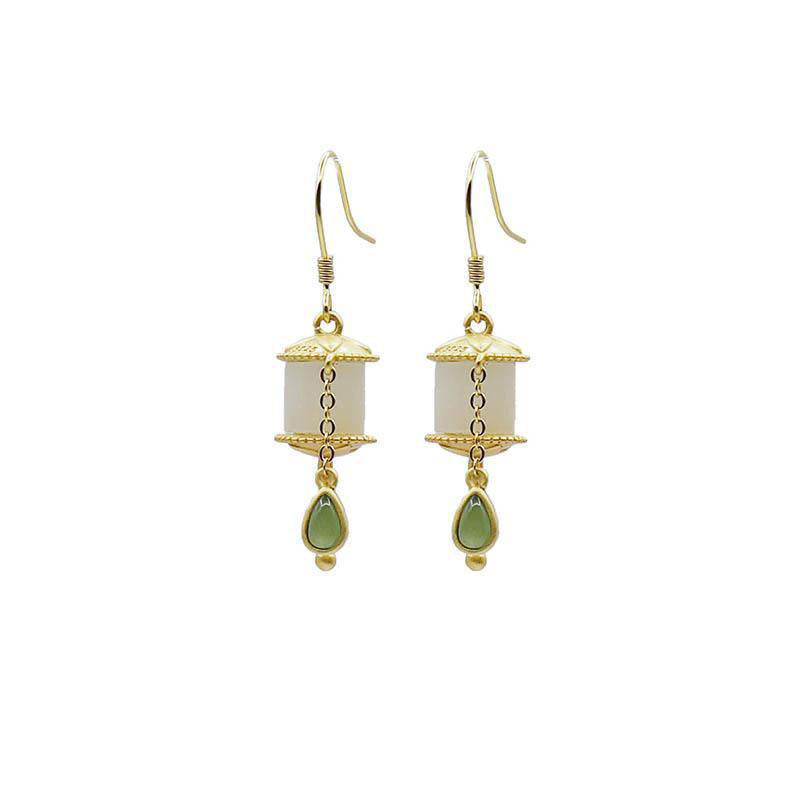 Nimara Ritual 925 Sterling Silver Jade Prayer Wheel Luck Drop Earrings