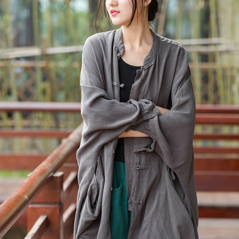 Nimara Ritual Frog-Button Long Sleeve Zen Meditation Open Front Jacket With Pockets