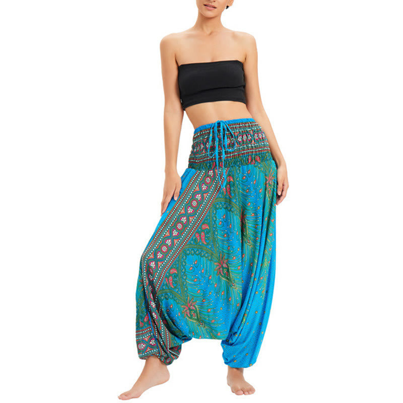 Nimara Ritual Two Style Wear Peacock Feather Loose Smocked Harem Trousers Jumpsuit High Waist Pants