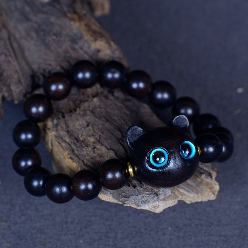 Nimara Ritual Ebony Wood Liuli Glass Lovely Cat Peace Balance Bracelet