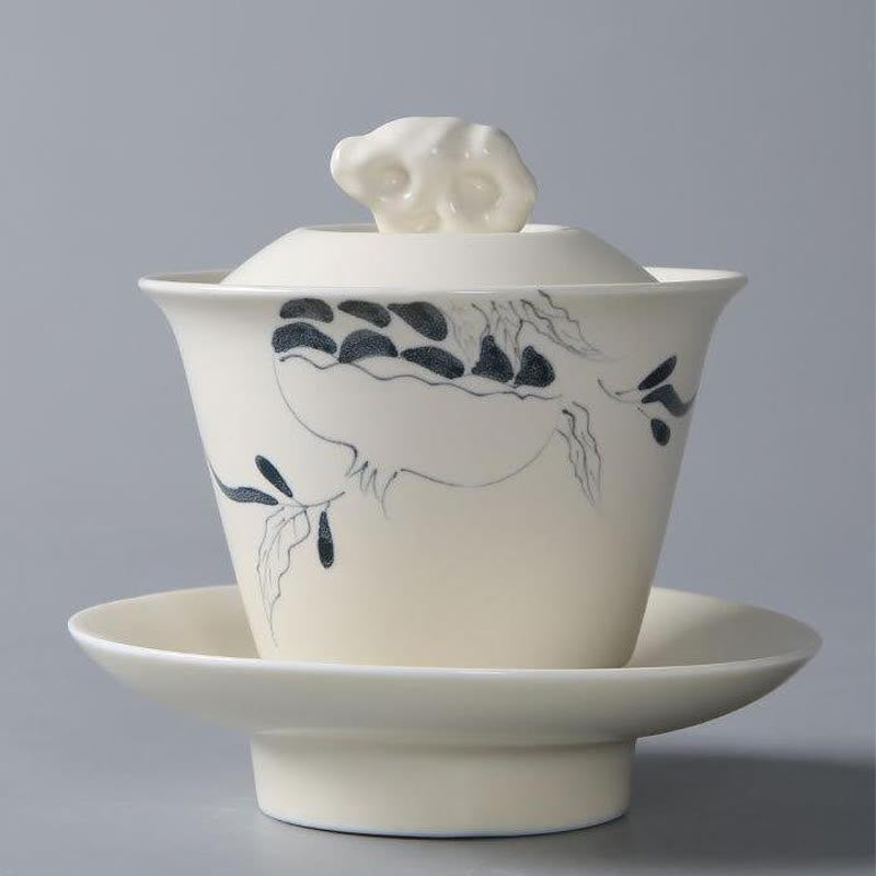 Nimara Ritual Hand Painted Pomegranate Hibiscus Pine Lotus Ceramic Gaiwan Sancai Teacup Kung Fu Tea Cup And Saucer With Lid