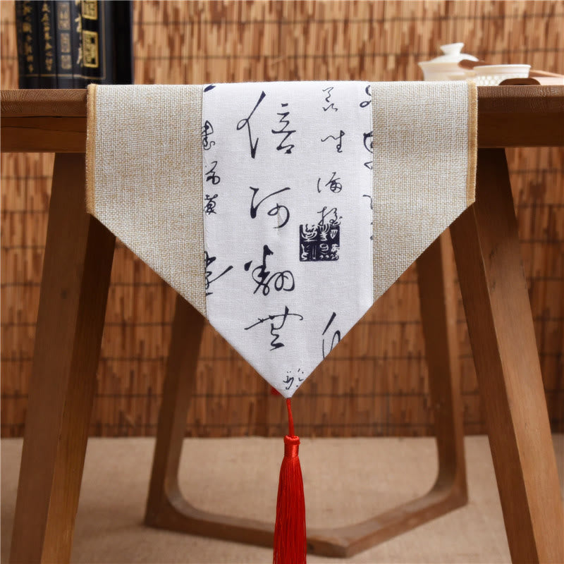 Nimara Ritual Classic Chinese Style Lotus Koi Fish Flower Crane Calligraphy Enlightenment Cotton Linen Tassels Table Runner