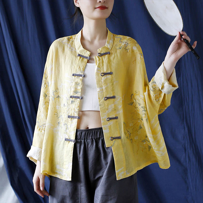 Nimara Ritual Yellow Phoenix Print Frog-button Design Long Sleeve Ramie Linen Jacket Shirt
