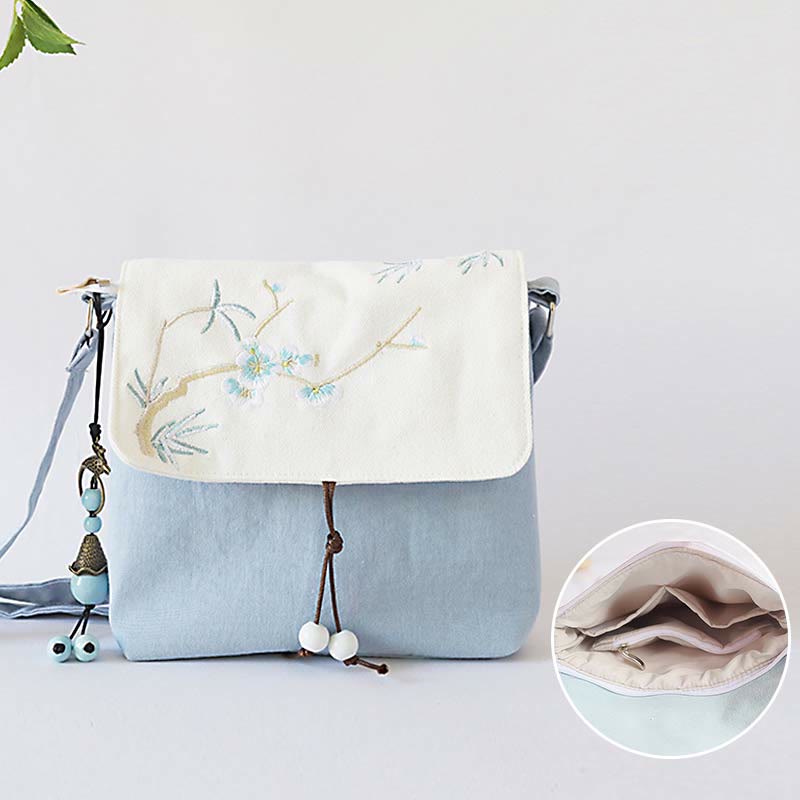 Nimara Ritual Handmade Embroidered Plum Flowers Canvas Crossbody Bag Shoulder Bag Handbag