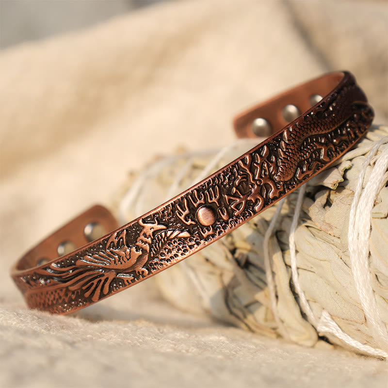 Nimara Ritual Dragon Phoenix Magnetic Solid Copper Cuff Bracelet Bangle