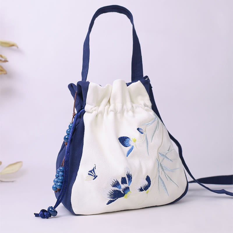 Nimara Ritual Embroidered Butterfly Lotus Magnolia Cotton Linen Tote Crossbody Bag Shoulder Bag Handbag