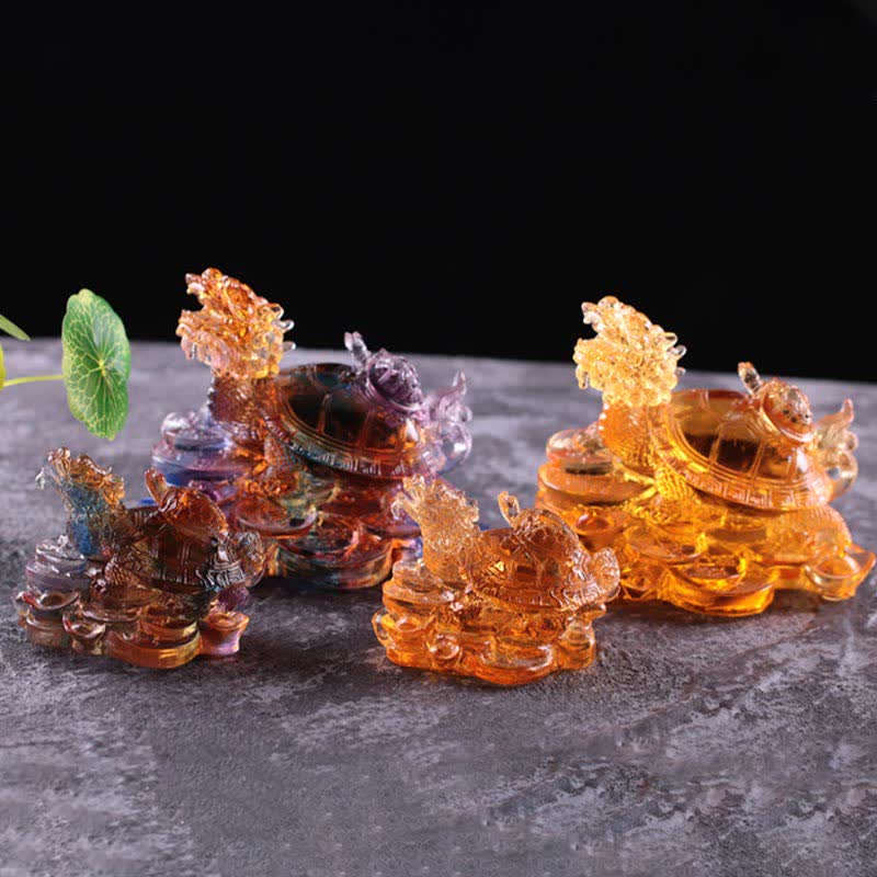 Nimara Ritual Feng Shui Dragon Turtle Coins Handmade Liuli Crystal Luck Art Piece Home Office Decoration