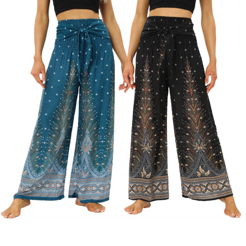 Nimara Ritual Boho Peacock Feathers Lace-up Wide Leg Pants Women's Yoga Pants