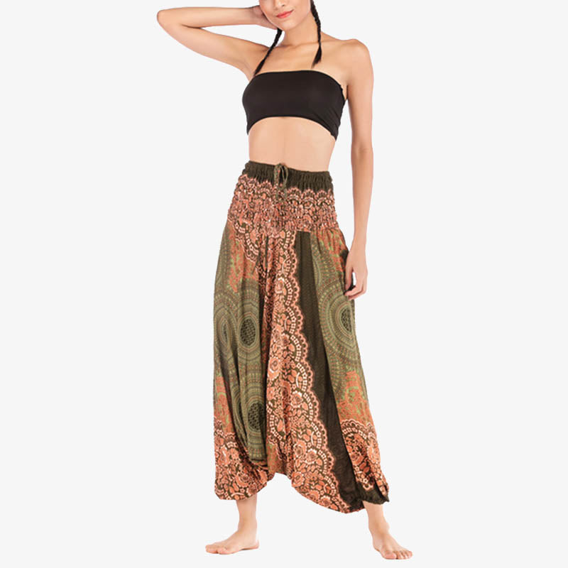 Nimara Ritual Two Style Wear Round Geometric Pattern Loose Smocked Harem Trousers Jumpsuit High Waist Women's Yoga Pants