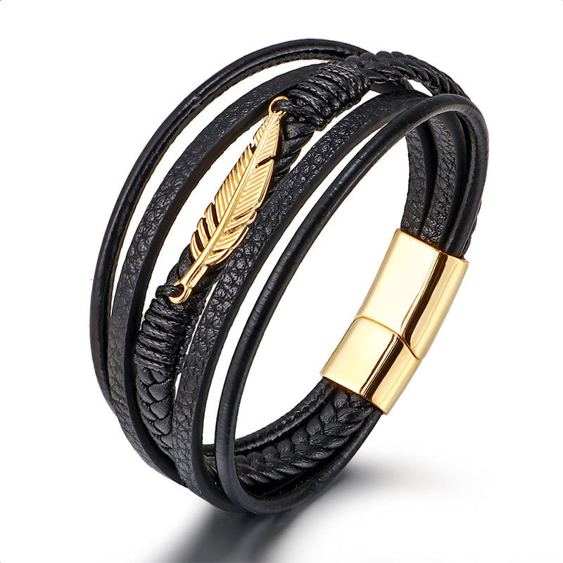 Nimara Ritual Feather Pattern Multilayer Leather Titanium Steel Calm Braided Magnetic Buckle Bracelet
