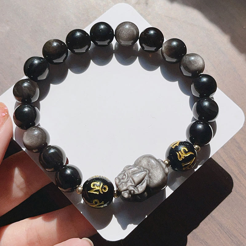Nimara Ritual Natural Silver Sheen Obsidian Black Obsidian Om Mani Padme Hum Pixiu Protection Bracelet