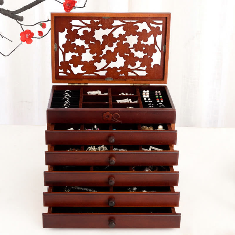 Nimara Ritual Vintage Plum Blossom Carved Wooden Jewelry Box Six-Layer Jewelry Storage Box