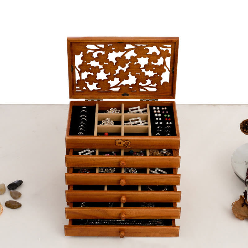 Nimara Ritual Vintage Plum Blossom Carved Wooden Jewelry Box Six-Layer Jewelry Storage Box
