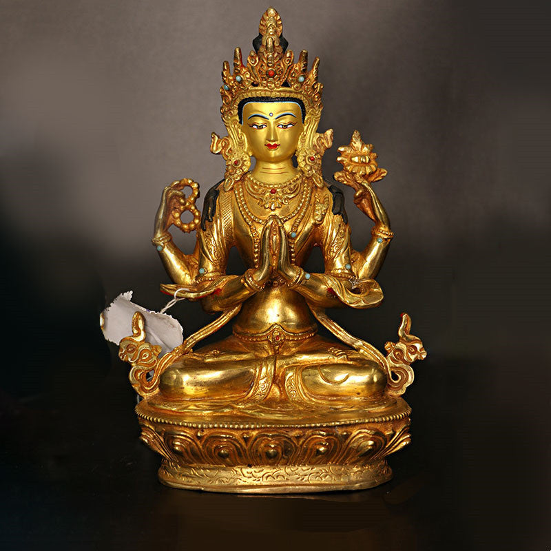 Nimara Ritual Bodhisattva Tara Chenrezig Four-armed Avalokitesvara Protection Copper Gold Plated Statue Decoration
