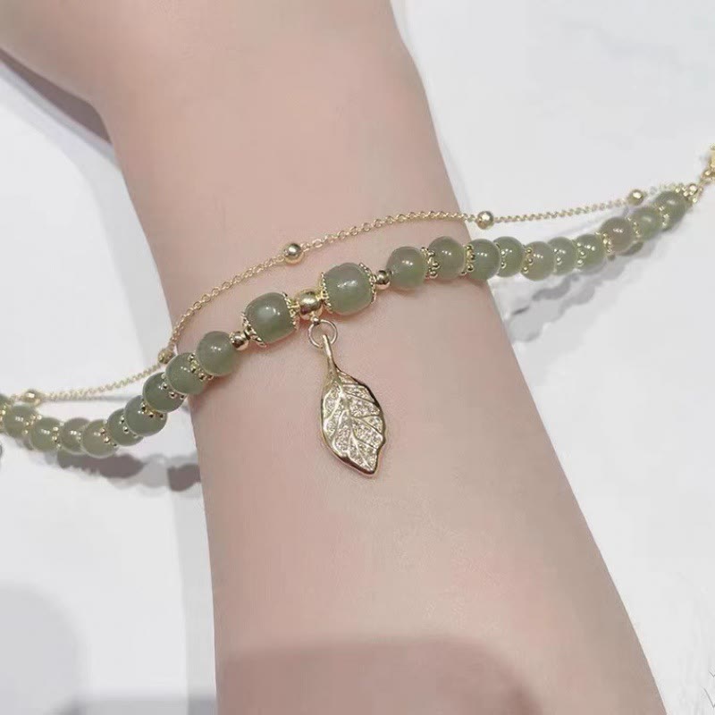 Nimara Ritual Jade Leaf Ginkgo Tulip Peanut Fu Character Luck Beaded Bracelet