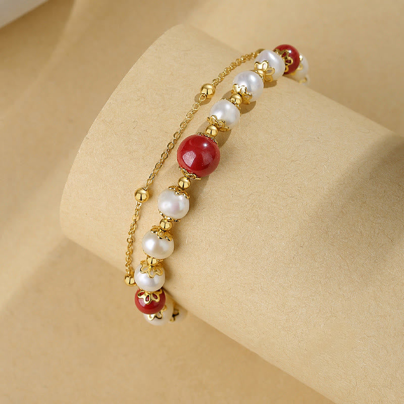 Nimara Ritual 925 Sterling Silver Pearl Cinnabar Wisdom Bead Double Layer Chain Bracelet