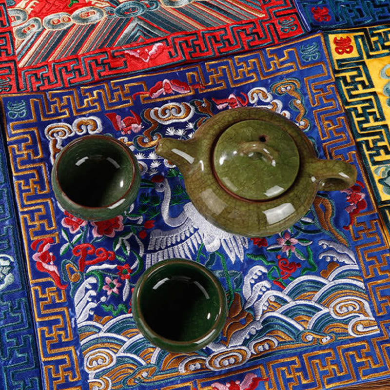 Nimara Ritual Crane Phoenix Dragon Kirin Embroidered Cup Mat Pad Tea Cup Coaster Square Kung Fu Tea Mat
