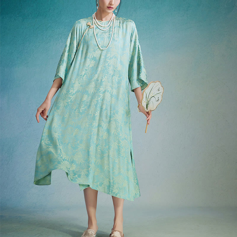 Nimara Ritual Small Flower Leaf Jacquard Chinese Cheongsam Qipao Midi Dress With Pockets