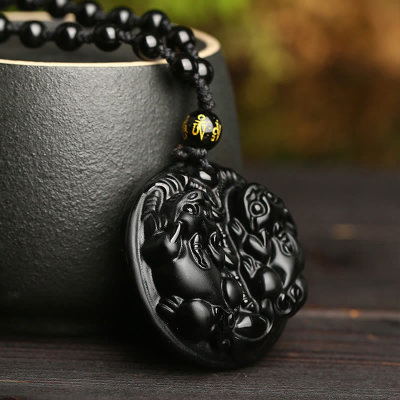 Nimara Ritual Black Obsidian Double Pixiu Bead Rope Purification Necklace Pendant