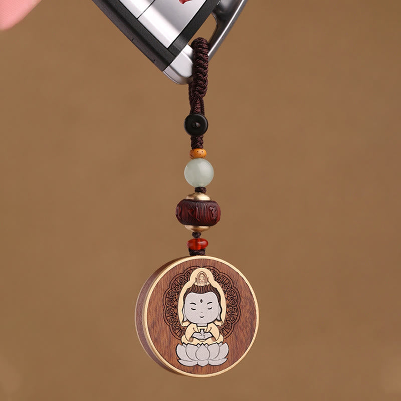 Nimara Ritual Ebony Wood Rosewood Buddha Avalokitesvara Om Mani Padme Hum Balance Car Key Chain Decoration