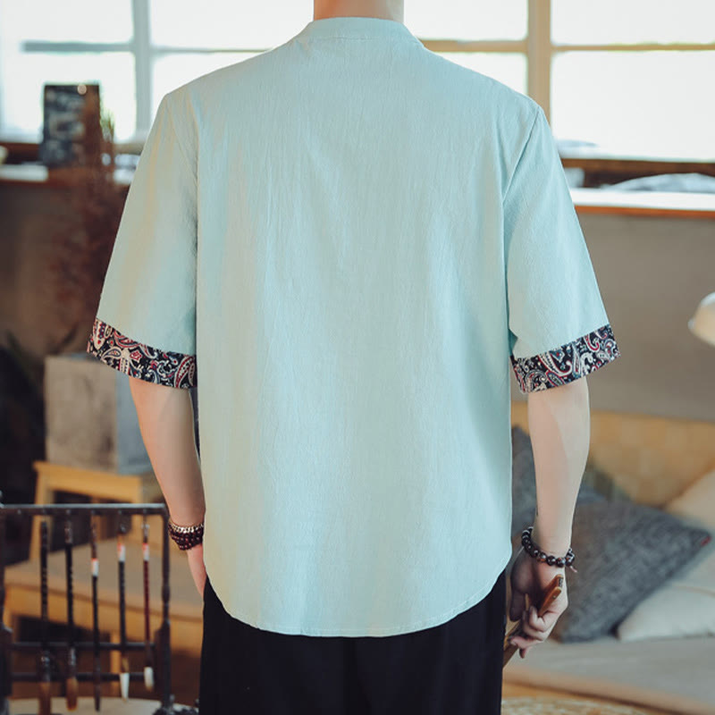 Nimara Ritual Frog-Button Dragon Embroidery Chinese Tang Suit Short Sleeve Shirt Men Clothing