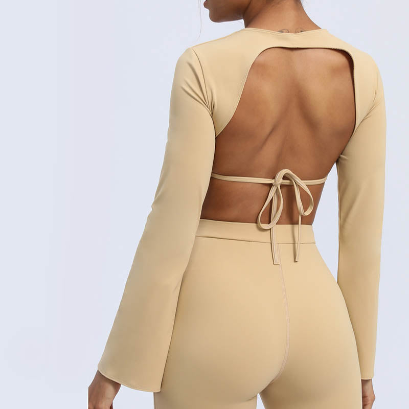 Nimara Ritual Long Sleeve Backless Strap Top Bra Flare Pants Fitness Yoga Outfit