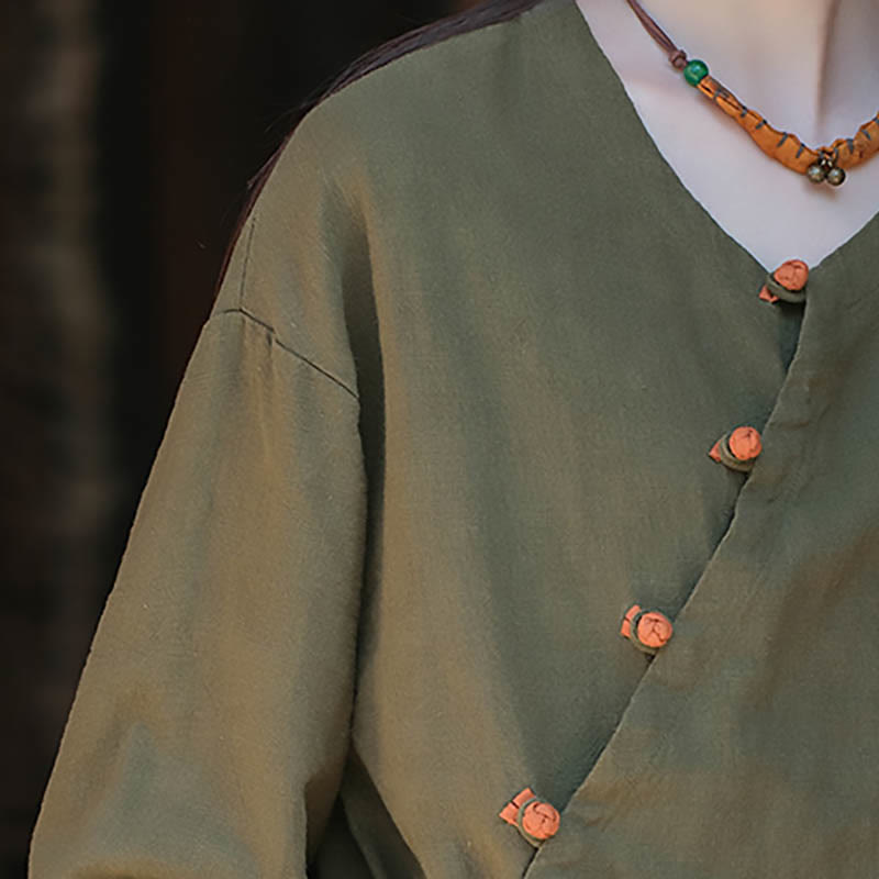 Nimara Ritual Solid Color Ramie Linen Loose Blouse Long Sleeve Shirt Chinese Hanfu Top