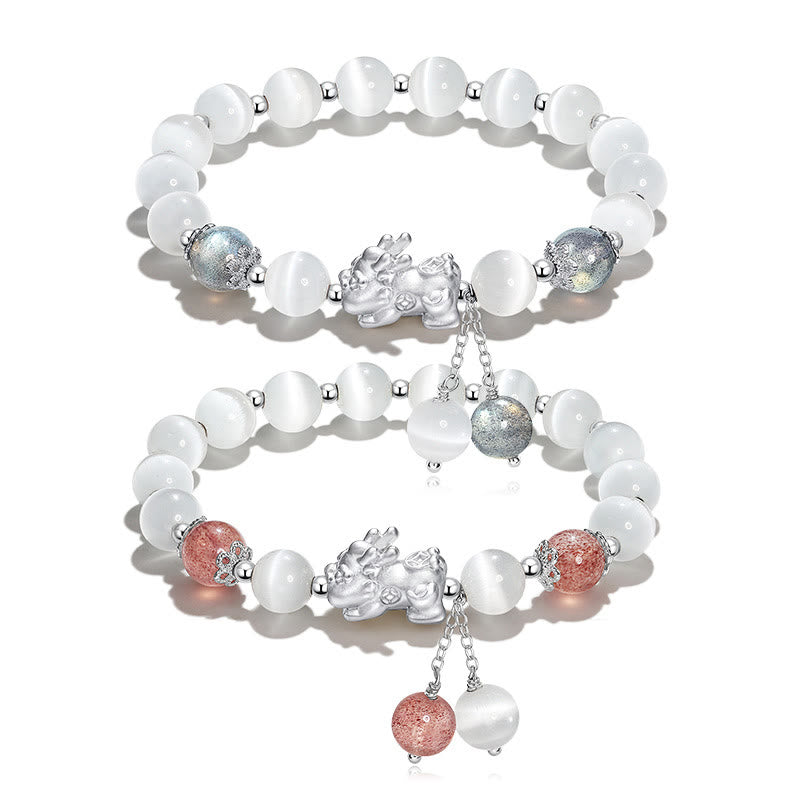 Nimara Ritual Natural Cat's Eye Moonstone Strawberry Quartz PiXiu Support Bracelet