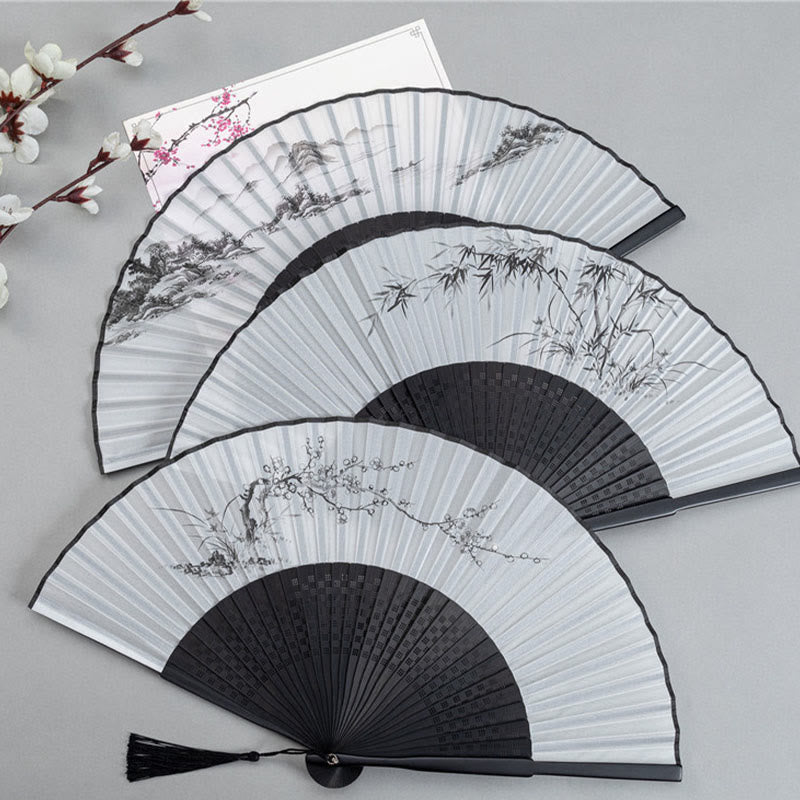 Nimara Ritual Mountains Plum Blossom Lotus Magpie Bamboo Leaves Handheld Silk Bamboo Folding Fan 22.5cm