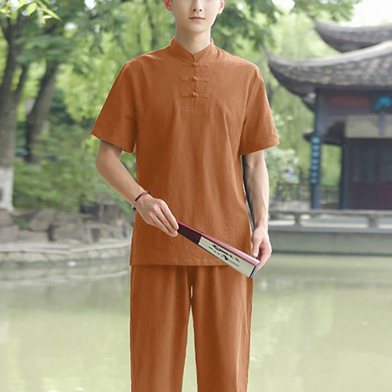 Nimara Ritual 2Pcs Men's Short Sleeve Shirt Top T-Shirt Pants Meditation Zen Tai Chi Cotton Linen Clothing Set
